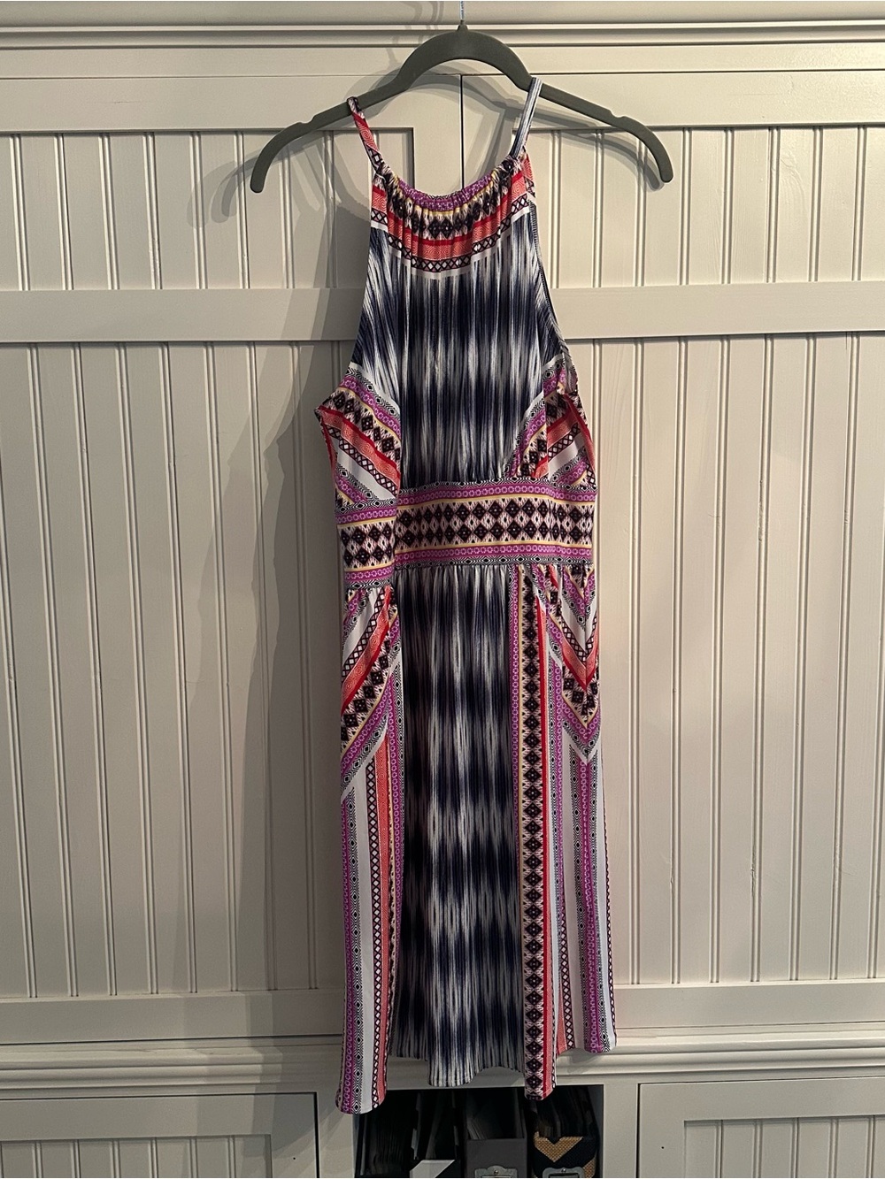 London Times Sleeveless Halter Neck Midi Dress in Navy, Pink & White Size US 10